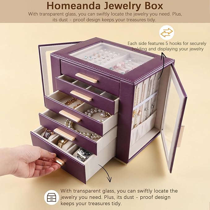 Homeanda Jewelry Box for Women with Glass Lid, 5 Drawers Jewelry Organizer and Storage for Necklaces, Rings, Earrings, Bracel