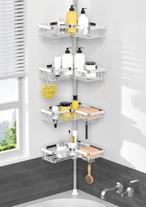 KEGII Corner Shower Caddy Tension Pole - Chrome 4-Tier Adjustable Shower Tension Rod Organizer with Hooks & Soap Holders, 25-