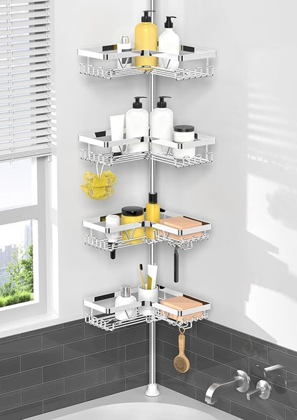 KEGII Corner Shower Caddy Tension Pole - Chrome 4-Tier Adjustable Shower Tension Rod Organizer with Hooks & Soap Holders, 25-