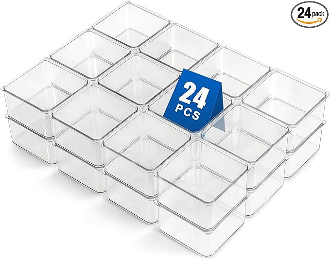 Hudgan 24 Pcs Small Drawer Organizer BinsSet, Stackable Drawer Divider Trays for Makeup Vanity, Bathroom, Office Desk, Straig