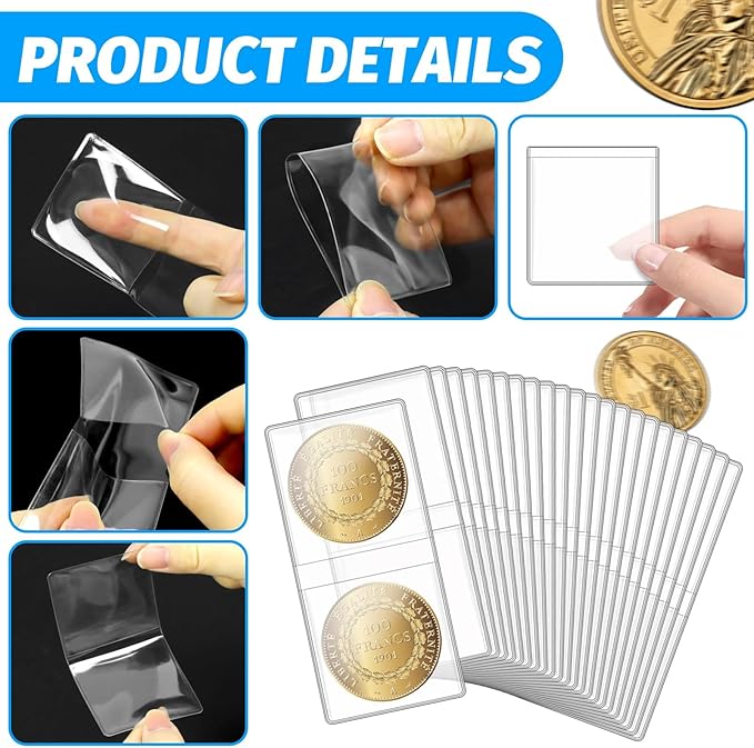 Vmiapxo 200 Pack Double Pocket Coin Flips, 2x2 Inch Clear Plastic Coin Sleeves for All Coins, Jewelry, Rings Earrings Gemstones Collection Supplies & Protectors (Double Rectangular)
