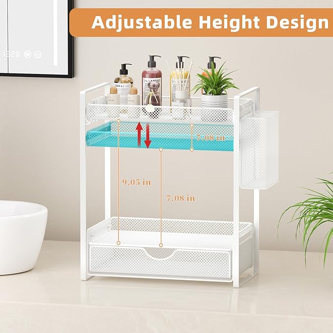 VITVITI 2 Tier Bathroom Organizer Countertop with Drawer, Metal Mesh Bathroom Counter Vanity Organizer Storage, Bath Room She