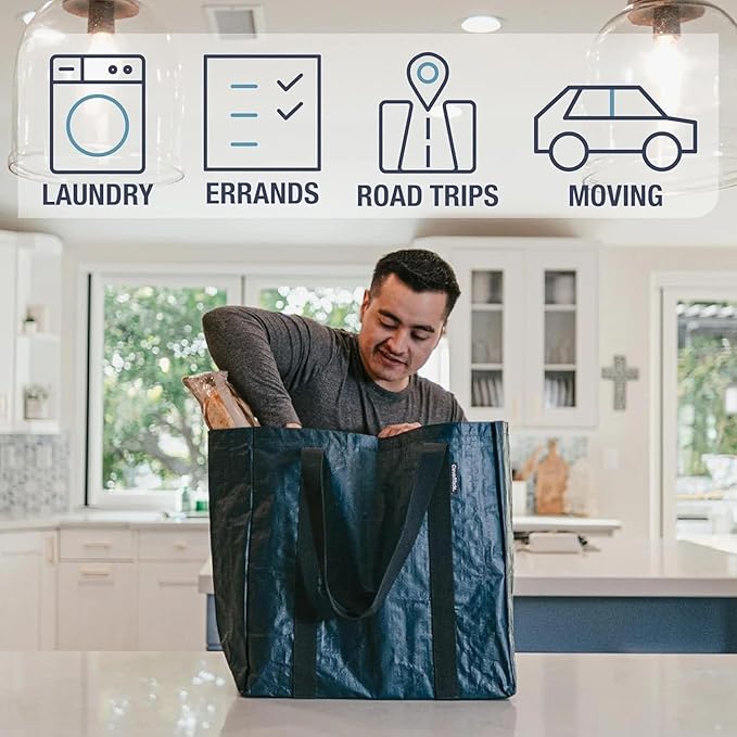 CleverMade Tall Frakta Reusable Grocery Tote - 42L - Pack of 2 - Ocean Blue - Collapsible Storage Shopping Organizer - Heavy 