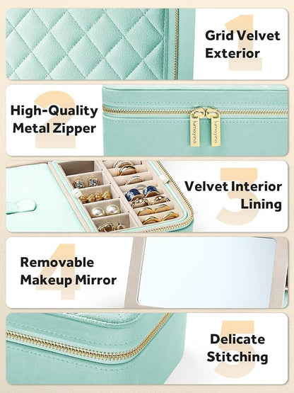 Velvet Travel Jewelry Box with Large Mirror, Double-Layer Jewelry Organizer Case for Women and Girls, Portable Storage Case w