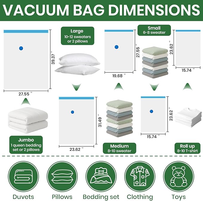 Vacuum Storage Bags,10Pack Vacuum Seal Bags for Clothing,Bedding,Clothes,Comforters,Blankets,Pillows-5 Jumbo+5Large Space Bag