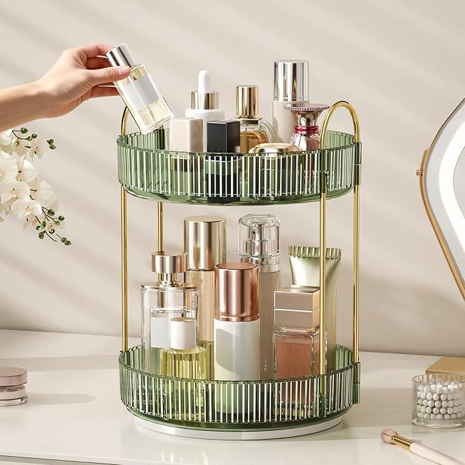 360° Rotating Makeup Organizer, Large Capacity Skincare Organizer, 2 Tier Cosmetic Skin Care Perfume Dresser Organizer, Fits 