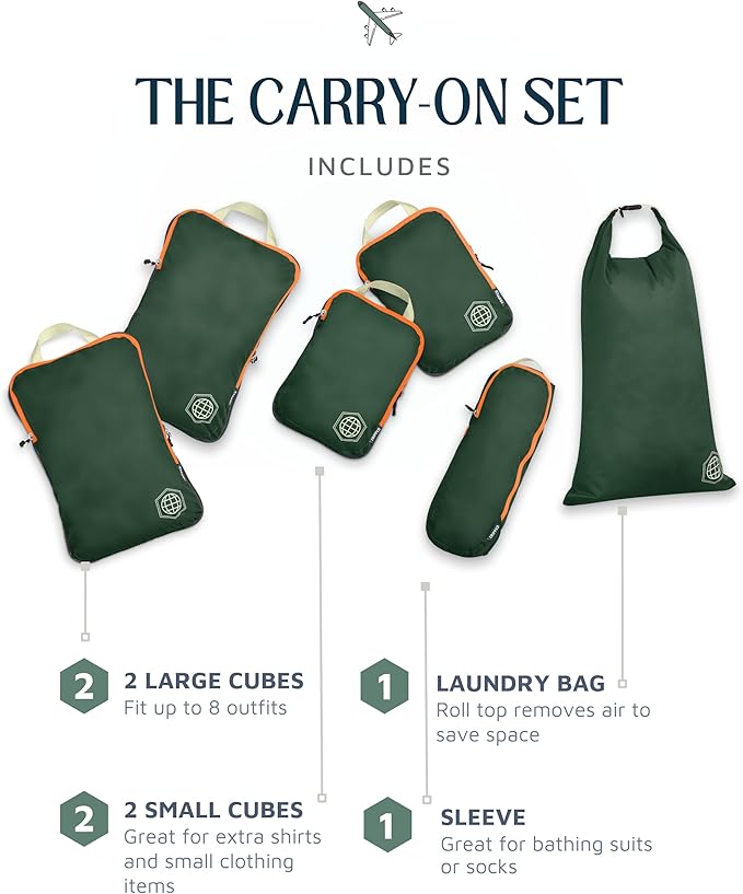 TRIPPED Compression Packing Cubes — 6-Piece Carry-On Set | 2 XL (14"×10"×4") + 2 Small (10"×7"×4") + Sleeve + Laundry Sack | Ripstop Nylon | Green and Orange
