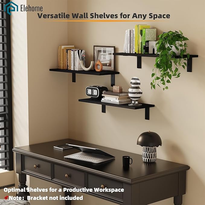 Floating Shelf Board for Wall 5/8" – No Brackets – 24" L x 10" W x 0.6" T Black Wood Melamine Wood Floating Shelves for Bathr