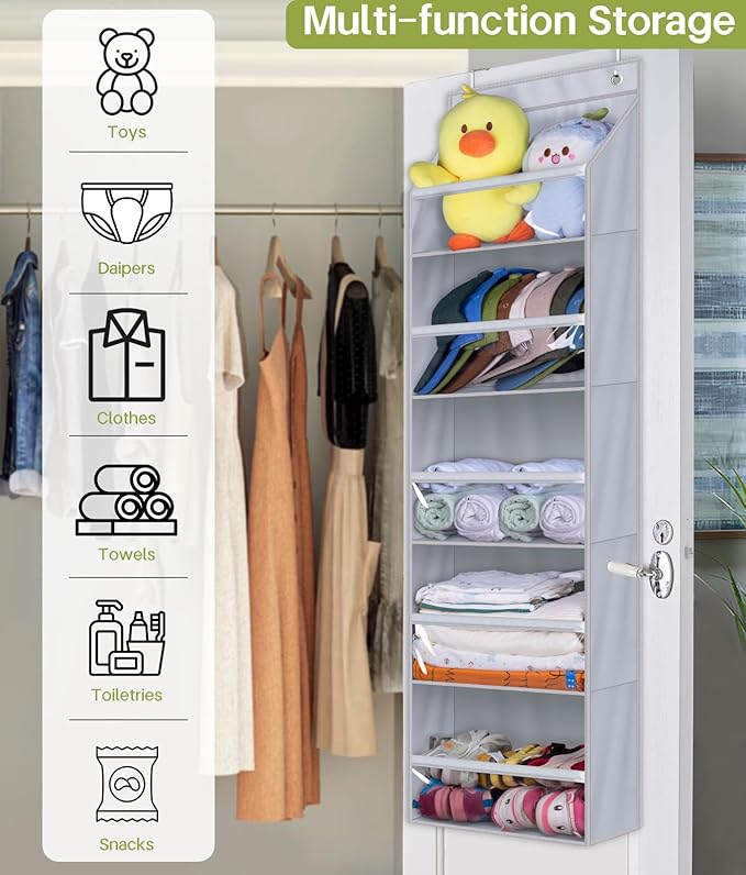 AOODA Over the Door Organizer, Large Capacity Closet Door Hanging Organizer, Clear Deep Pockets Baby Storage for Nursery, Bat