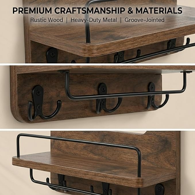 REFGY Key Holder for Wall with Shelf - 5.1" Deep Large Mail Organizer Wall Mount with 3 Heavy-Duty Dual Hooks & Safety Guardr