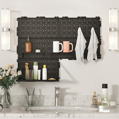 WORKPRO 16”x 16” Metal Peg Board, Foldable Black Pegboard for Wall Organization, Steel Panel with Round Holes & Vertical Slot