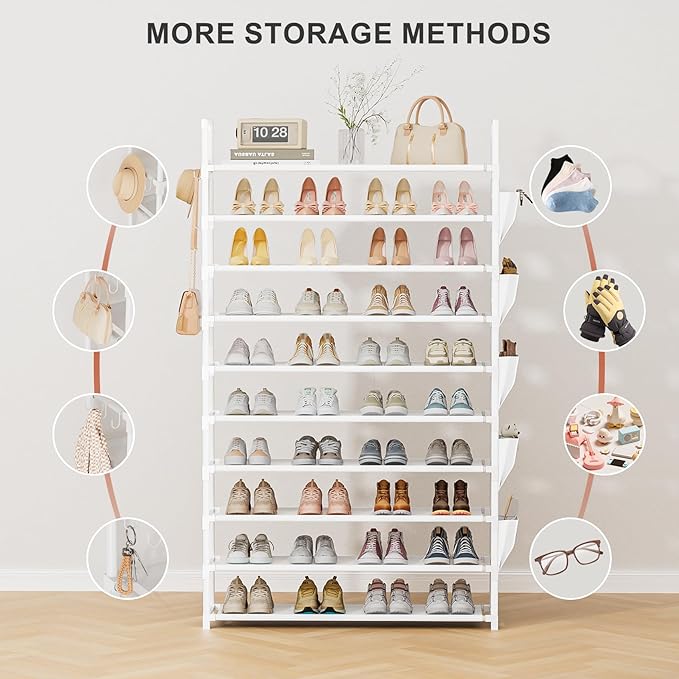 LUKYTOWER Tall Shoe Rack 10 Tier Shoe Racks Organizer for Closet 40-45Pairs,Large Capacity Storage Rack for Shoes with 5Hooks