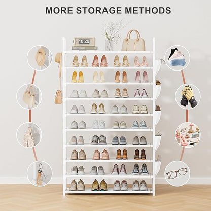 LUKYTOWER Tall Shoe Rack 10 Tier Shoe Racks Organizer for Closet 40-45Pairs,Large Capacity Storage Rack for Shoes with 5Hooks