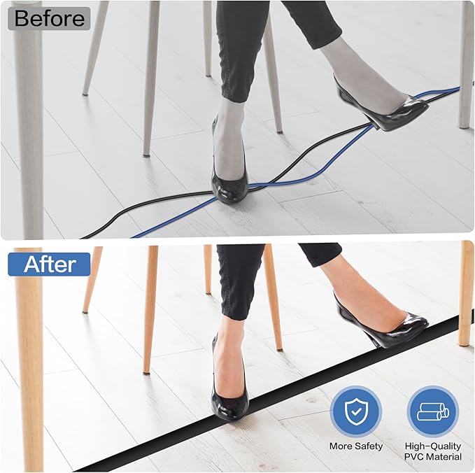 Floor Cord Cover Self Adhesive Cord Hider Floor Extension Cord Covers for Floor Power Cord Protector Cable Management Prevent Cable Trips Cable Cavity 0.59" W x 0.31" H (Black, 10Ft)