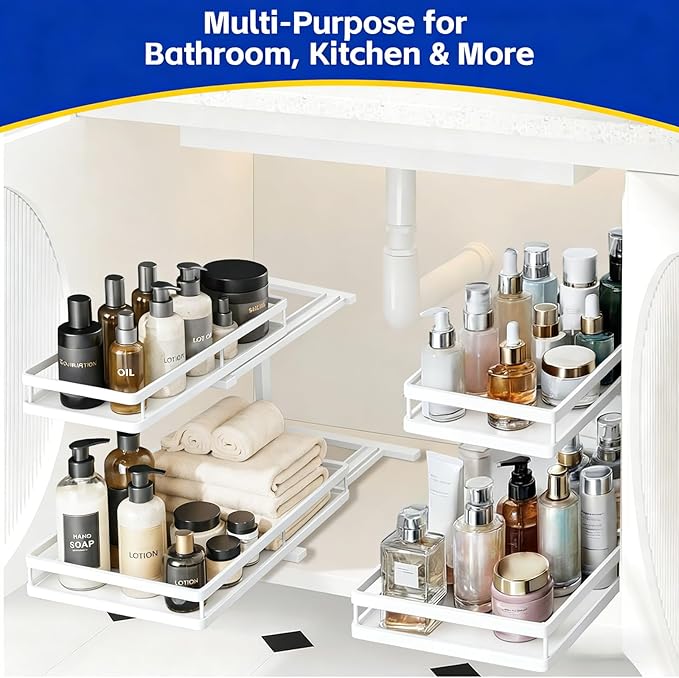 Under Sink Organizer, Dual-Rail Ball-Bearing, Under Kitchen Sink Organizer, 6-Level Adjustable, Under Cabinet Organizer, No-D