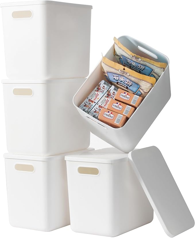 5 pack large plastic White storage bins with Lids, Toy Box Chest with Handle，Organizer Containers Baskets for Baby,Nursery，Sh