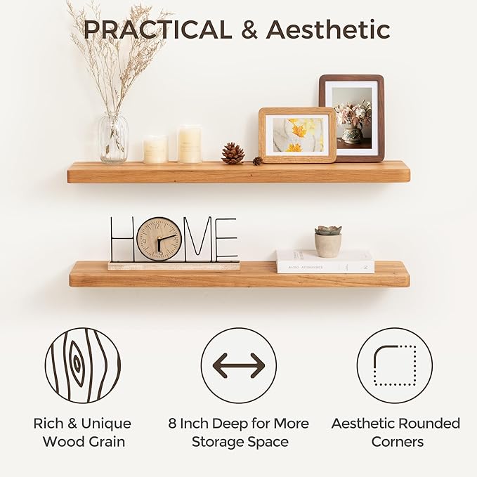 Fun Memories 36 Inch Floating Shelves for Wall, Solid Elm Wood Wall Shelf for Home Decor, Heavy-Duty Hardwood Floating Shelf 