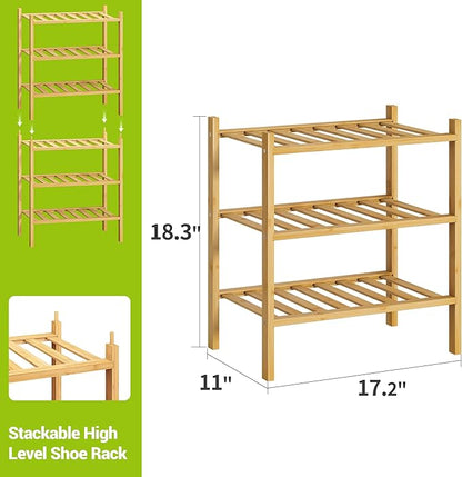 BMOSU 3-Tier Bamboo Small Shoe Rack Premium Stackable Shoe Shelf Storage Organizer for Hallway Closet Living Room Entryway Or