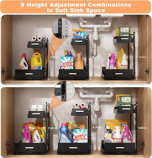 Under Sink Organizer,2 Tier Slide Out Kitchen Cabinet Organizers with Pulley,Under Bathroom Sink Pull Out Organizer with Mult