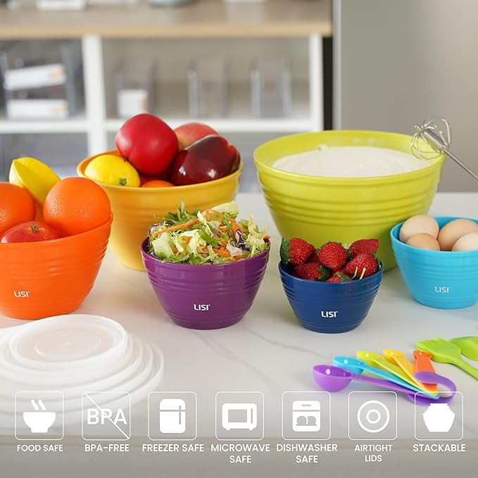 LISI 23Pcs Mixing Bowls Set with Lids, Airtight BPA-Free Nesting Bowls for Mixing, Baking, Cooking & Storage, Dishwasher Safe Serving Bowl, Includes Spatula, Spoons, Brush & Whisk