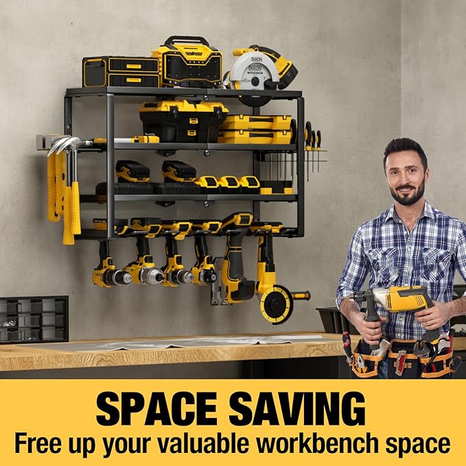YYR 4 Layer Power Tool Organizer Wall Mount, Cordless Drill Hanger Storage Rack, Battery Tools Holder with Charging Station S
