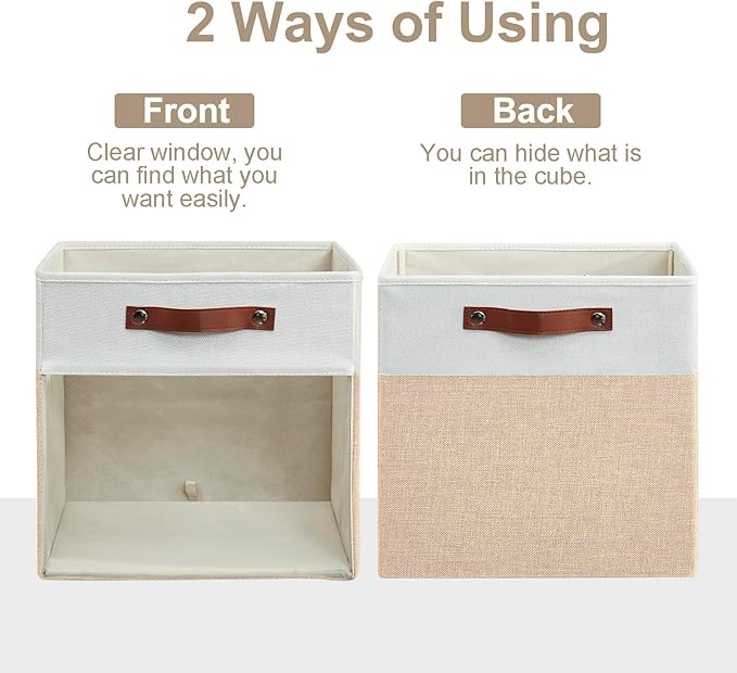 Bagnizer Storage Cubes, 4 Pack Linen Foldable Storage Bins (13 x 13 inch) with Clear Window and Handles, Fabric Organizer for