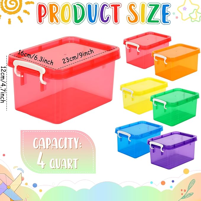 6 Pack 4 Quart Colorful Plastic Storage Bins with Lids Stackable Storage Bins with Latching Lids Handle Clear Colored Storage