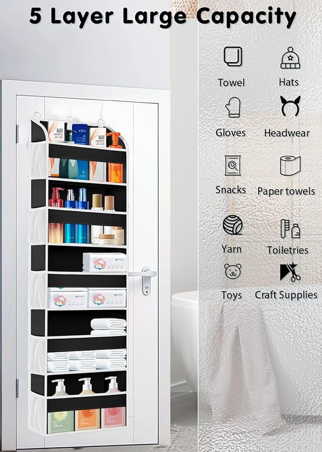 TAHAVICE 1 Pack Over The Door Storage Organizer with 5 Pockets 10 Mesh Side Pockets, 44 lbs Weight Capacity Door Hanging Orga