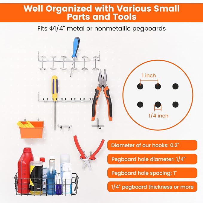ENJOYWOOD Pegboard Organizer Accessories Kit 155 PCS, Peg Board Hooks Assortment with Bins, Baskets for 1/4 inch Pegboard Wal