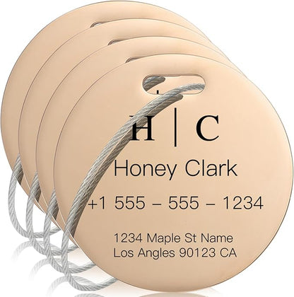 Stainless Luggage Tags for Suitcases 4 Pack: Metal Personalized Luggage Tags for Backpacks & Bags with Customizable Texts (Ro