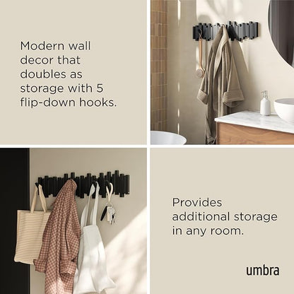 Umbra Sticks Wall-Mounted Coat Rack Rail Hook with 8 Retractable Pegs – Modern, Space-Saving Storage Organizer, Black