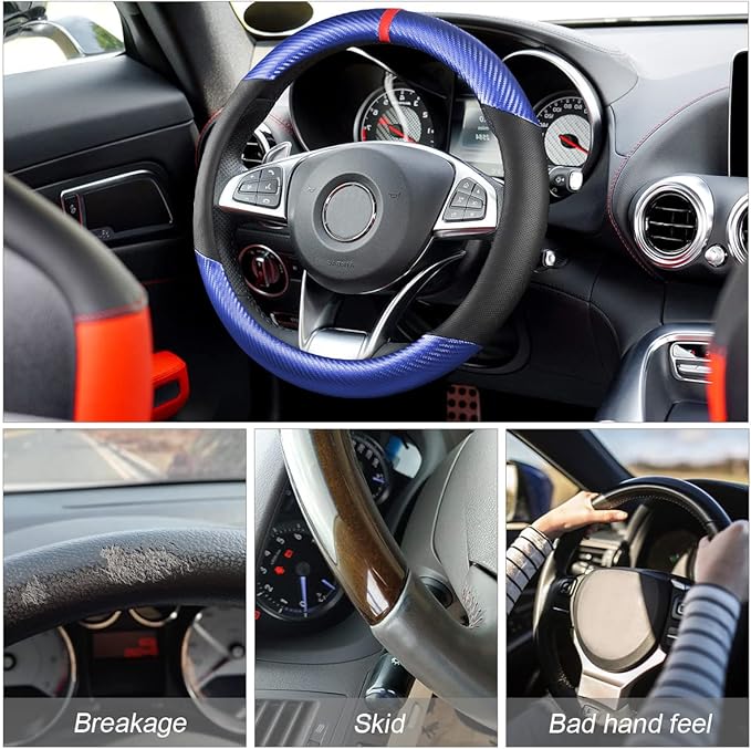 Moly Magnolia Steering Wheel Cover, Carbon Fiber Breathable Microfiber Leather with Non-Slip Lining, Cool in Summer Warm in W