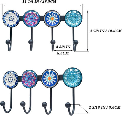 Coat Rack Wall Mounted with 4 Hooks, Round Blue Pattern Decorative Wall Hooks for Hanging Hat, Key, Towel, Purse, Bag and Rob