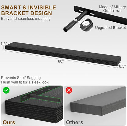 Fun Memories 60 Inch Fireplace Mantel - Long Floating Shelf, Wall Mounted Farmhouse Display with Invisible Heavy Duty Metal B