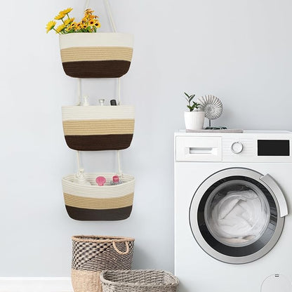 TeoKJ Over the Door Hanging Basket, 3-Tier Woven Cotton Wall-Mounted Storage Organizer Bag Decorative Hanging Nursery Baskets