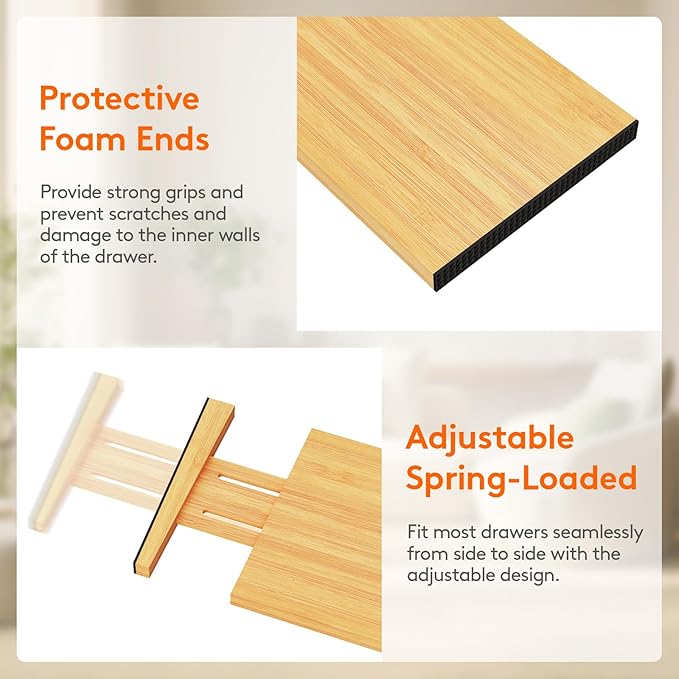 Lifewit 6" High 8 Pack Bamboo Drawer Dividers 33-42cm/13-16.5" Adjustable Wooden Drawer Organizer for Clothes/Utensils, Expan