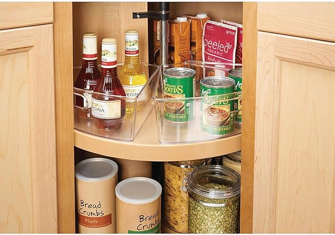 Oubonun Lazy Susan Organizers Set of 8, 12.8’’ x 11.7’’ x 4’’ Plastic Transparent Kitchen Cabinet Storage Bins with Handle, 4