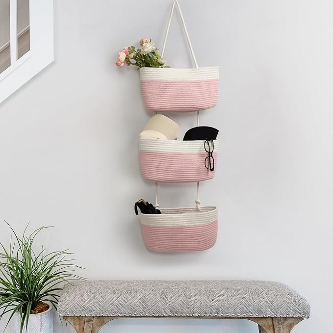 TeoKJ Over the Door Hanging Basket, 3-Tier Woven Cotton Wall-Mounted Storage Organizer Bag Decorative Hanging Nursery Baskets