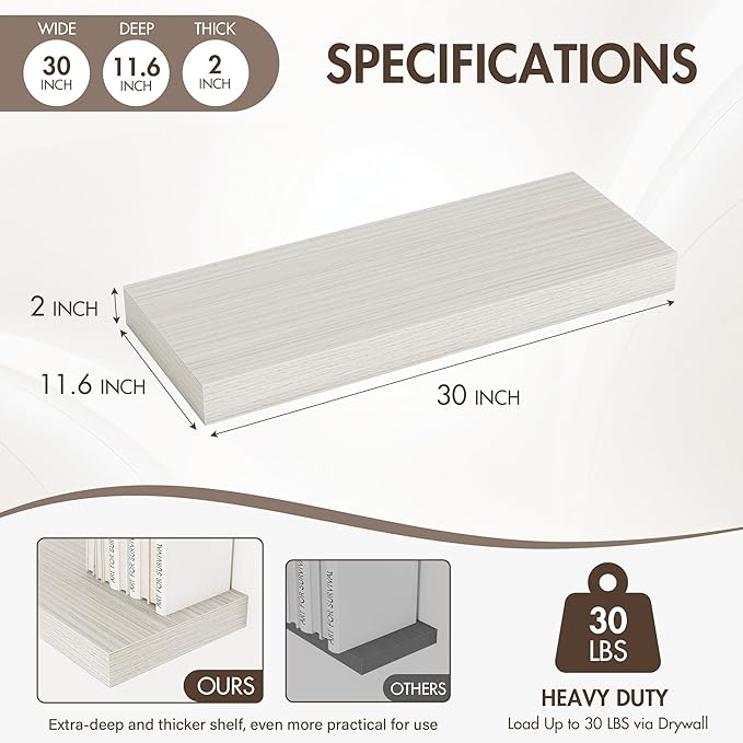 30 Inch Floating Shelves, 12" Deep Floating Shelf Wall Mounted, 30" Wall Shelves, Rustic Deep Bookshelf, Extra Deeper & Thick