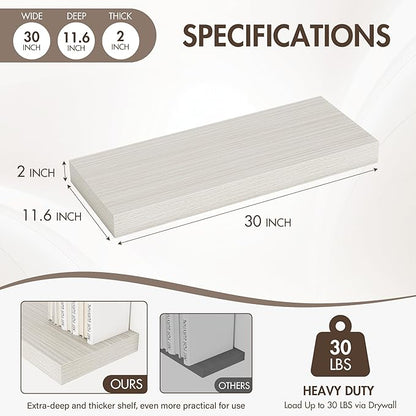 30 Inch Floating Shelves, 12" Deep Floating Shelf Wall Mounted, 30" Wall Shelves, Rustic Deep Bookshelf, Extra Deeper & Thick