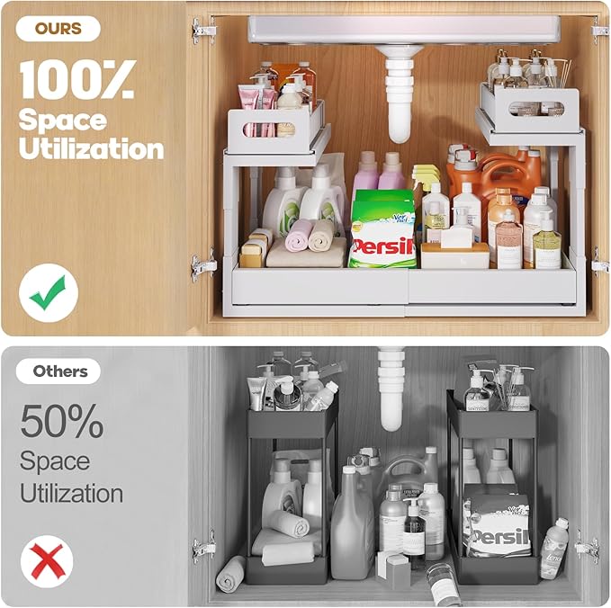 1 Pack Expandable Under Sink Organizers And Storage With Upgrade Ball-Bearing Slide Tracks,2-Tier Pull Out Under Cabinet Orga
