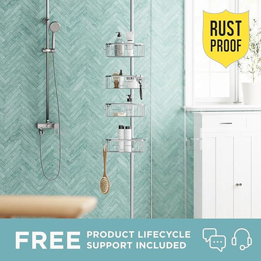 Zenna Home Tension Pole Shower Caddy Corner Organizer, Adjustable Standing Shower Caddy with 4 Shelves, Rustproof Bathroom Te