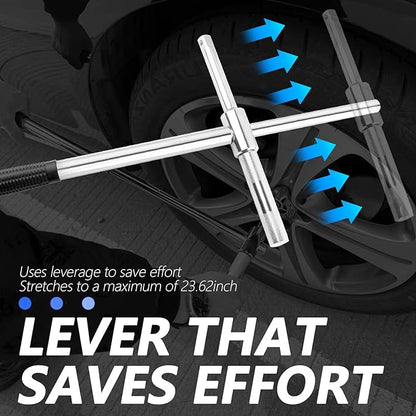 Extended Lug Nut Removal Tool Kit with 4 Way Lug Wrench,23" Telescopic Tire Iron Lug Wrench with 2 Standard Sockets(17,19,21,