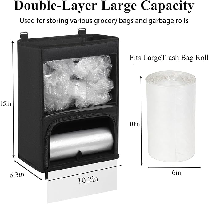 2-in-1 Plastic Bag Holder with Clear Window, Large Grocery Bag Holder and Trash Bag Dispenser with Easy-Access Openings, Plastic Bag Organizer for Kitchen RV Cabinet Wall Mounted (Black）