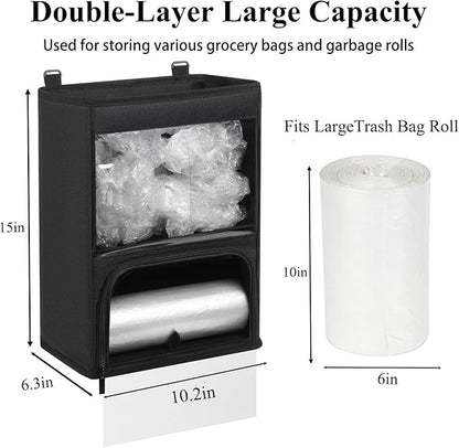 2-in-1 Plastic Bag Holder with Clear Window, Large Grocery Bag Holder and Trash Bag Dispenser with Easy-Access Openings, Plastic Bag Organizer for Kitchen RV Cabinet Wall Mounted (Black）