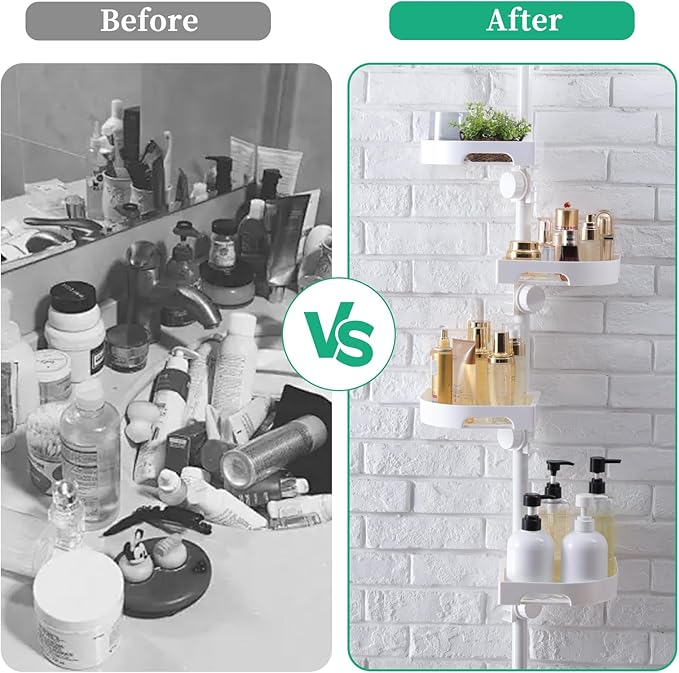 4-Tier Corner Shower Caddy Tension Pole Organizer - Adjustable Rustproof Metal Tension Pole, Plastic Shelves with Safety Guar