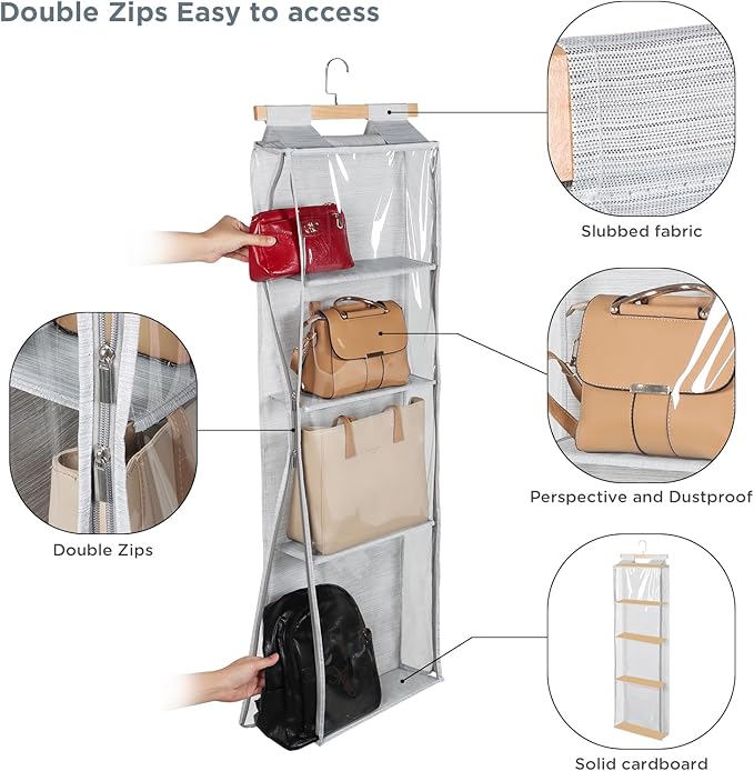 Syeeiex Hanging Handbag Purse Organizer with Zippers, Clear Slubbed Fabric+PVC Hanging Closet Bag Organizer, 4 Mesh Shelves,D
