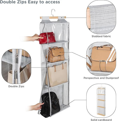 Syeeiex Hanging Handbag Purse Organizer with Zippers, Clear Slubbed Fabric+PVC Hanging Closet Bag Organizer, 4 Mesh Shelves,D
