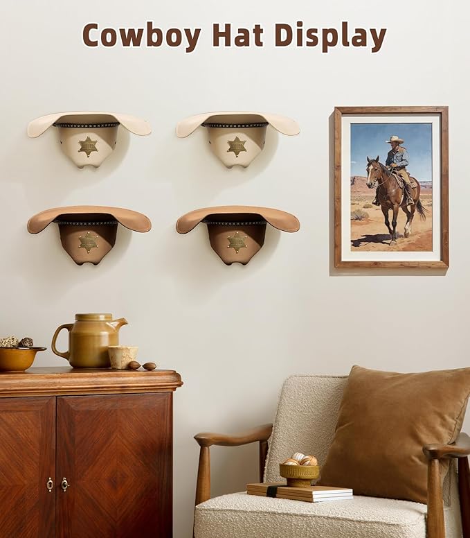 4 Pack Cowboy Hat Rack for Wall, Metal Cowboy Hat Holder Wall Mounted, Hat Hanger for Wide Brim, Fedora, Baseball Caps, Rusti