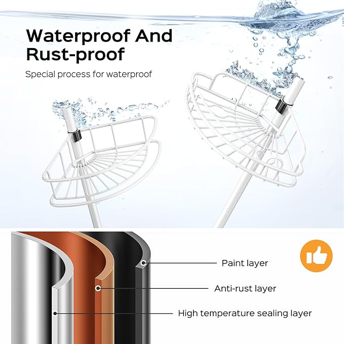 HAMITOR Corner Shower Caddy Tension Pole: Rustproof Bathroom Organizer Shelves for Bathtub Shampoo Accessories Storage Holder